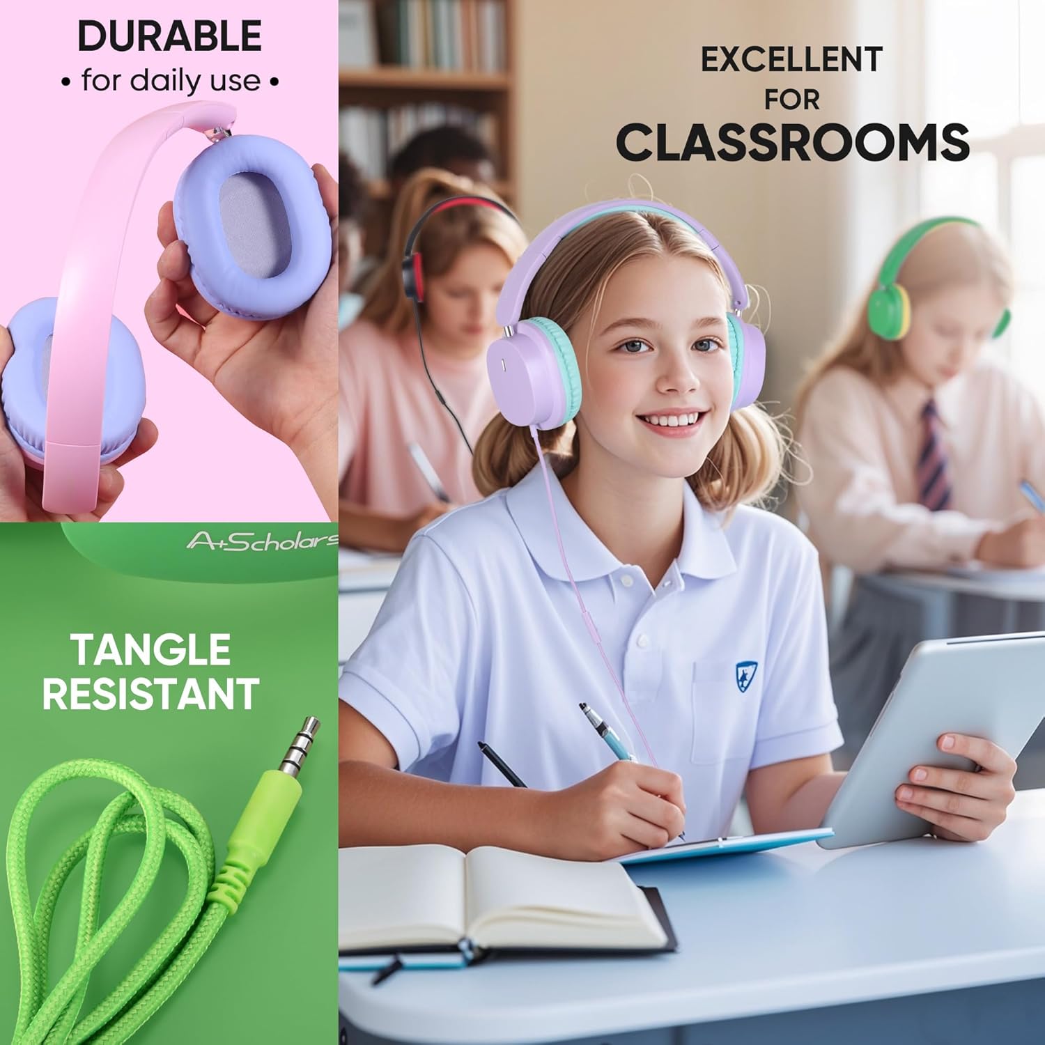 Bulk 5-Pack for K-12 School, Over-Ear Wired Headset with Microphone