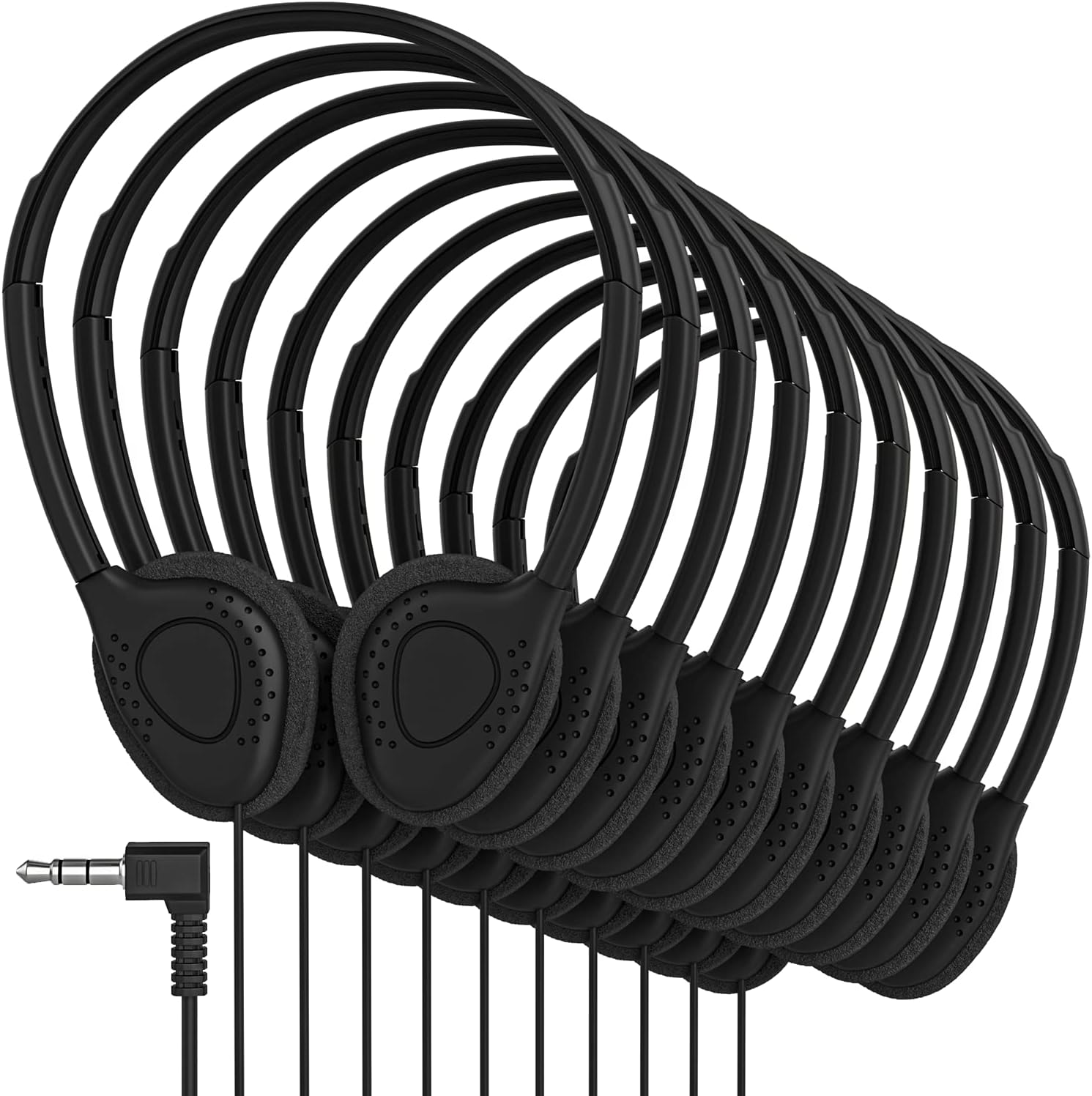 Headphones On-Ear Stereo Headset with 3.5 mm Headphone Plug - 10 Pack - Black