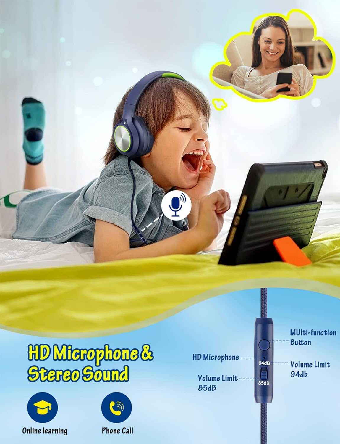 Wired Over Ear Headsets with Microphone Limited Volume 85dB