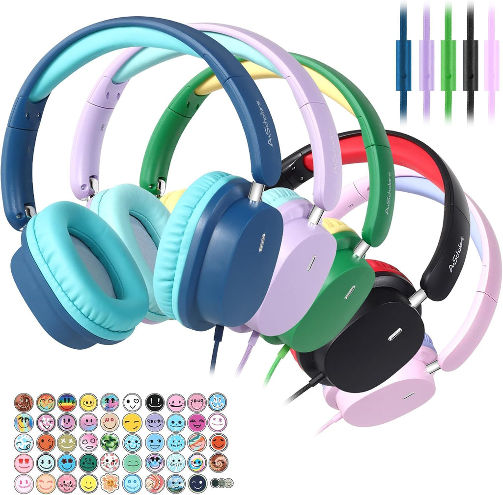 Bulk 5-Pack for K-12 School, Over-Ear Wired Headset with Microphone