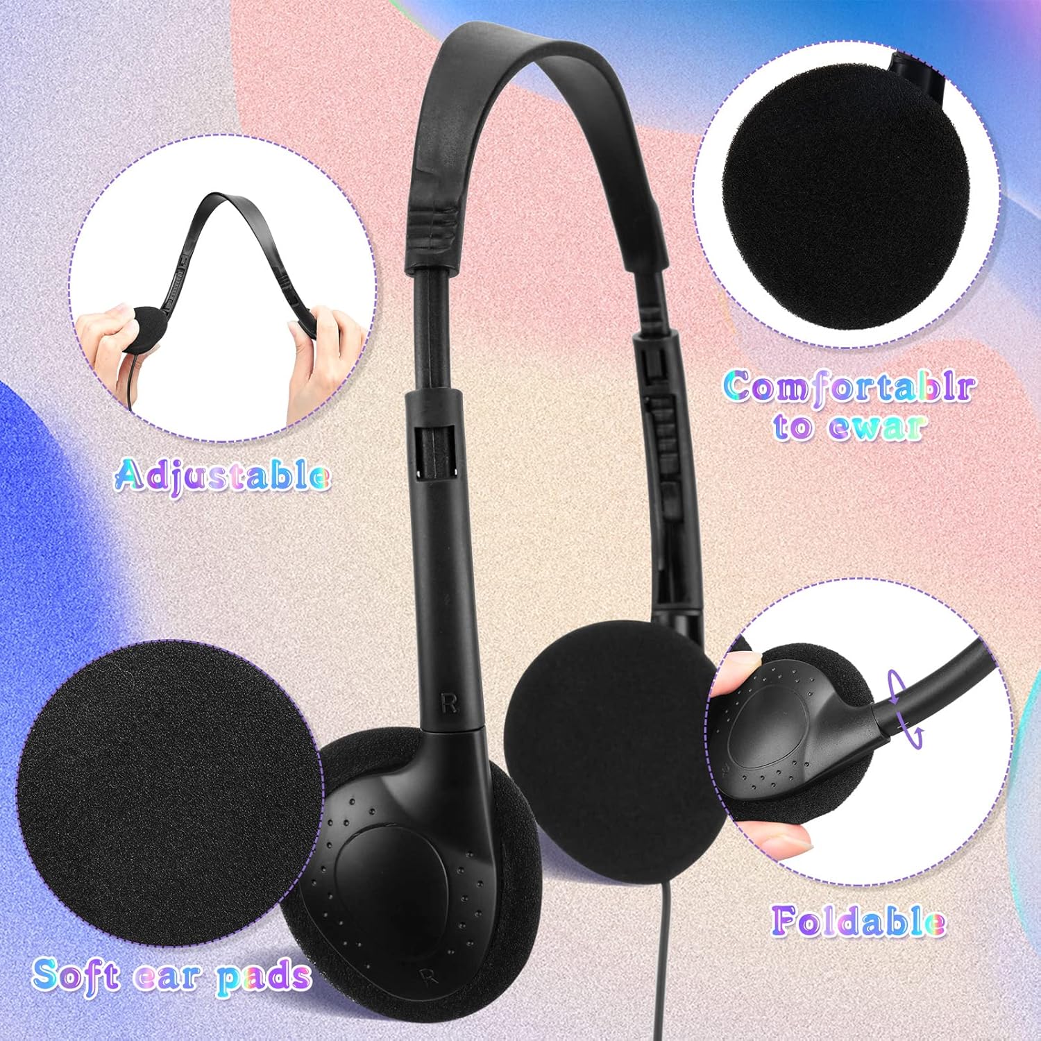 100 Pack Headphones for Classroom Bulk Students Adjustable Headphones Wired Pack Black