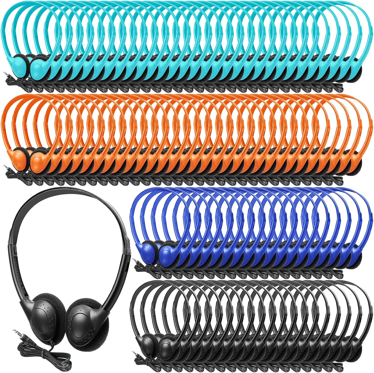 100 Pack Headphones for Classroom Bulk Students Adjustable Headphones Wired Pack Black